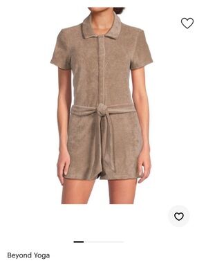 Beyond Yoga Taupe Short-Sleeve Terry Romper with Waist Tie